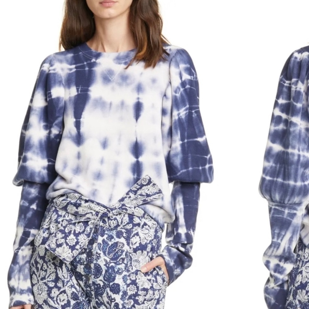 Ulla Johnson Blue and White Puff Sleeve Sweatshirt